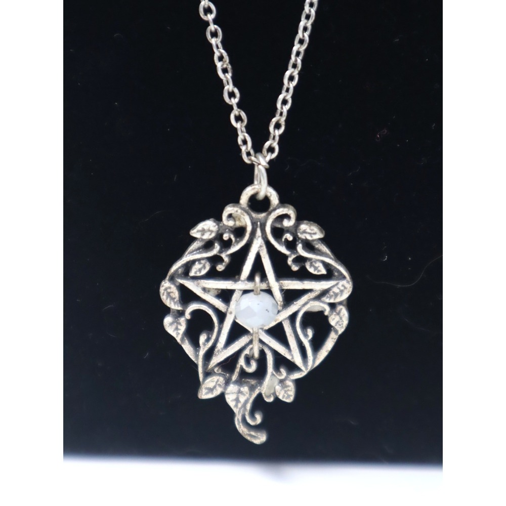 Silvertone Pentagram Pentacle Necklace 22" Celestial Boho Vine Wicca Pagan Goth